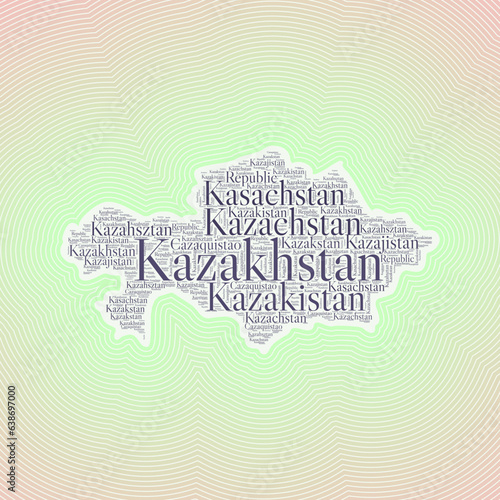 Kazakhstan shape formed by country name in multiple languages. Kazakhstan border on stylish striped gradient background. Vibrant poster. Authentic vector illustration.