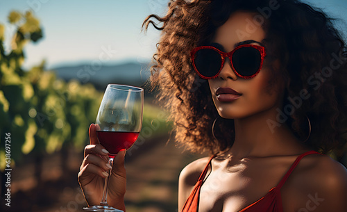 Sophisticated Moments: Black Woman Enjoying Red Wine at Vineyard, Enchanting Soft-Focus Portraits with Vibrant Colorism photo