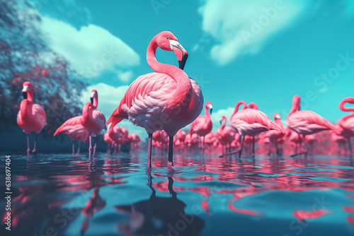 The colony of flamboyance pink flamingo stands in the clear blue water surface under the daytime sky  Generative AI.