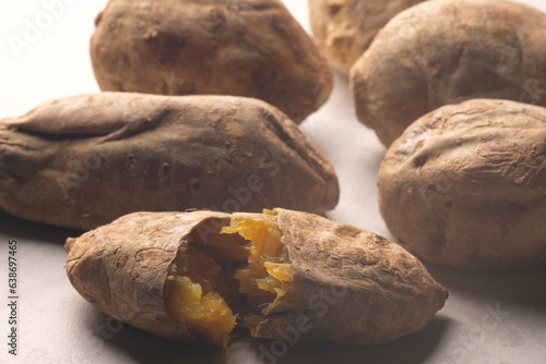 Cilembu sweet potato is a cultivar of sweet potato, a local race originating from Cilembu Village, Pamulihan District, Sumedang, West Java. Ipomoea batatas 'Cilembu'. Baked Cilembu sweet potato. © Ika