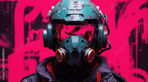 Potrait human wearing cyberpunk robotic mask at neon background