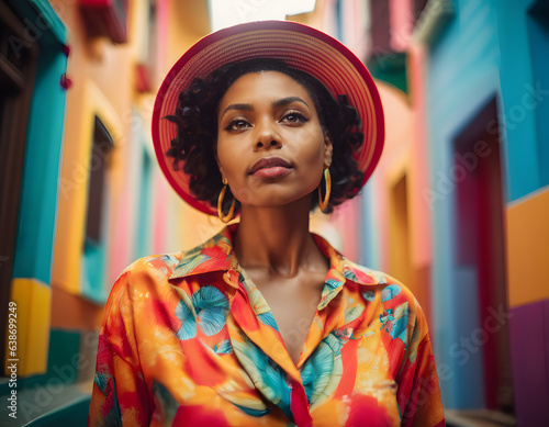 Beautiful adult black woman wearing modern colorful clothes. generative AI