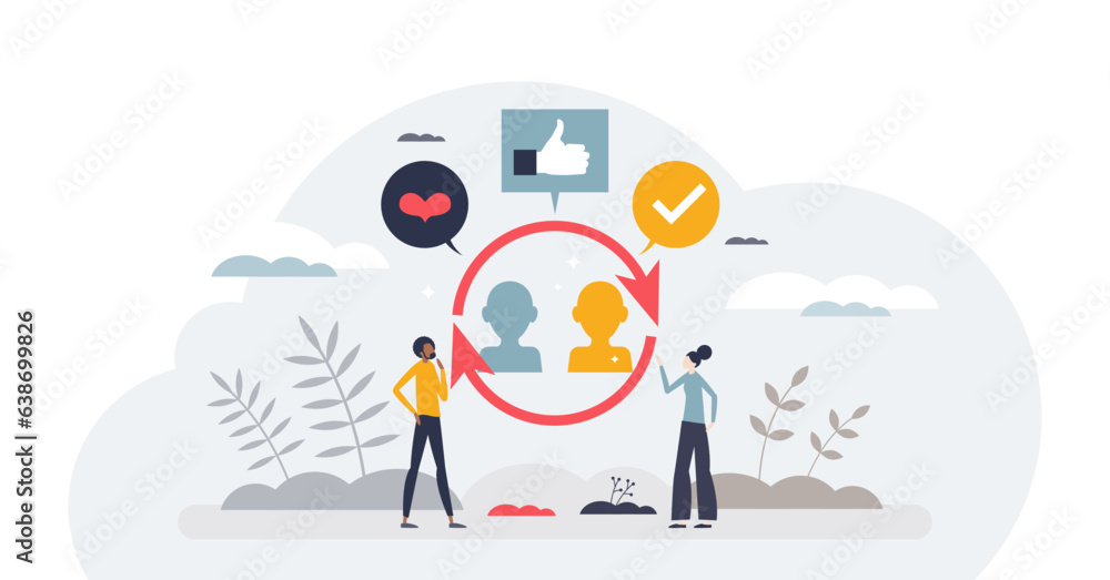 Influencer marketing as brand communication to audience tiny person concept, transparent background. Celebrity work in social media for brand awareness promotions in stories or posts illustration.
