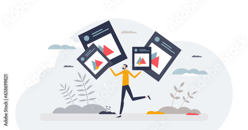 Content marketing and social media post for commercial purposes tiny person concept, transparent background. Cooperation with influencer as brand awareness campaign to reach audience illustration.
