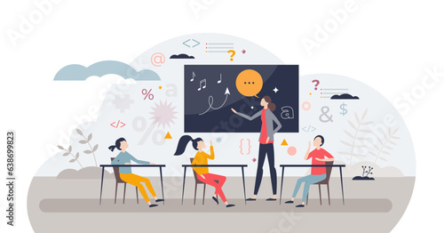 Classroom management and education teaching process tiny person concept, transparent background. School kids with knowledge lessons and cognitive encouragement from teacher illustration.