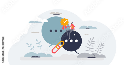 Mediation and conflict resolution with mediator help tiny person concept, transparent background. Relationship problem support with legal compromise offer and settlement communication illustration.