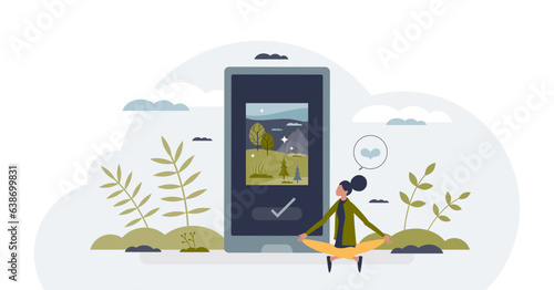 Mental wellness apps and meditation software for phone tiny person concept, transparent background. Yoga treatment for anxiety, mind relaxation and emotional problem solving illustration.