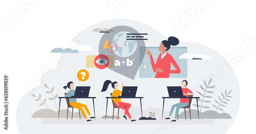 EdTech digital learning as kids technology education tiny person concept, transparent background. School teacher for online skills and ability to understand web browser.