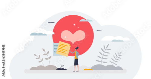Positive affirmations as love letter from romantic affair tiny person concept, transparent background. Happy woman with optimistic message and uplifting relationship illustration.
