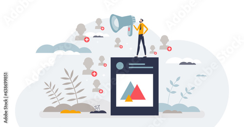 Public speaking and live stream with leader speech tiny person concept, transparent background.Confident social media influencer with follower engagement illustration.