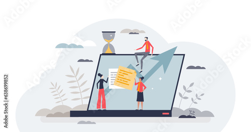 Project management with effective work organization tiny person concept, transparent background. Business development and growth with company improvement plan illustration.