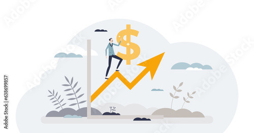 Financial growth and profit development to rise money tiny person concept, transparent background. Finance earnings improvement with successful results and upward statistics illustration.