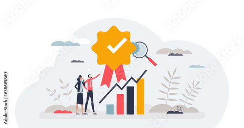 Quality assurance or performance tracking for development tiny person concept, transparent background. Business growth guarantee with sales control and efficiency measurement illustration.