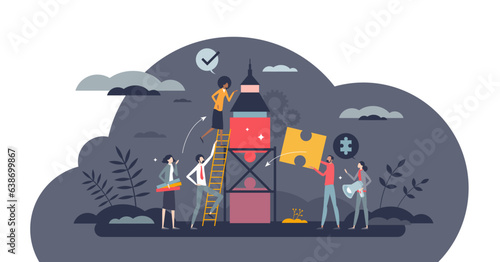 Team building as partners work together for common project tiny peron concept, transparent background. Teamwork, partnership and collaboration power.