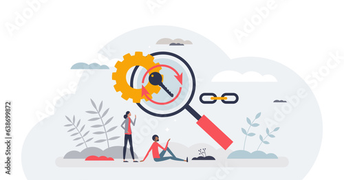SEO optimization and search engine effective development tiny person concept, transparent background.Link strong keywords to increase website ranking illustration.