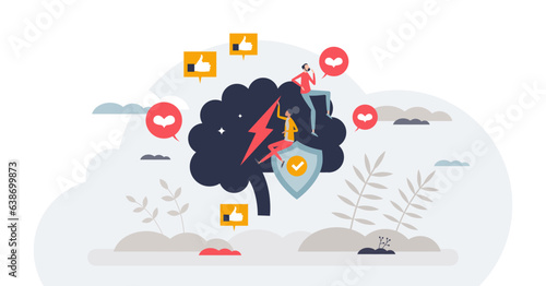 Stress management and mental protection from frustration tiny person concept, transparent background. Healthy mind control to reduce anxiety from social media, business and daily life illustration.
