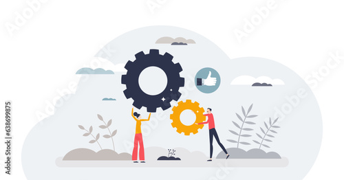 Team building activity for effective business partnership tiny person concept, transparent background. Collaboration and teamwork power for company growth and productive employee work illustration.