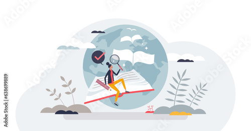 Studying abroad and travel to learn foreign language tiny person concept, transparent background. International student with global education degree and worldwide experience.