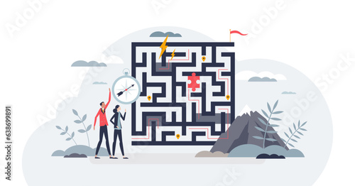 Strategic planning for direction and problem solving tiny person concept, transparent background. Company vision and target with project obstacles and difficulties illustration.