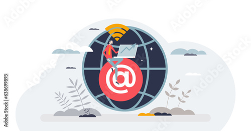 Telecommuting and work from home using phone internet tiny person concept, transparent background. Distant job with wireless technology provision illustration. Global network connection.