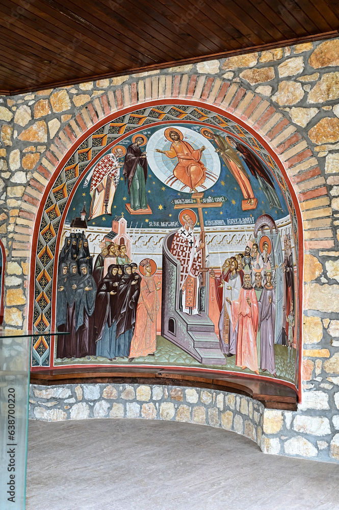 Gemälde an einer Wand des Holy Cross Monastery, Mănăstirea Lupșa Monastery near Mănăstirea in Romania