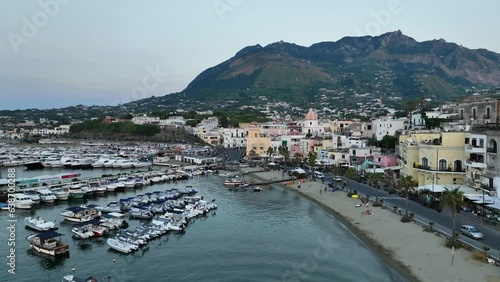 Isola di Ischia, Golfo di Napoli, Italia, Mediterraneo. 
Vista aerea del borgo marinaro di Forio.