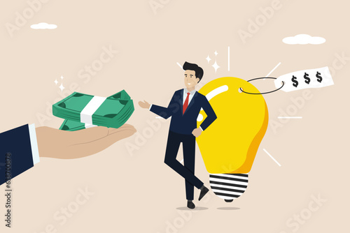 Buying a business idea, selling or buying a brilliant idea, exchanging ideas concept or paying for a brilliant idea, businessman buying a brilliant idea for a business concept at a great price.