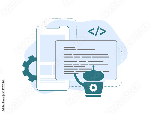 AI Coding Assistant Tools concept. Built generative AI-Powered mobile app. AI code writing vector isolated illustration on white background with icons