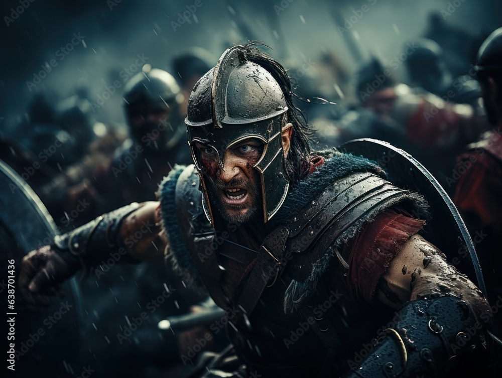 Obraz premium Epic battle showing the fearless attacking gritty spartans on the battlefield, warriors fighting in the foreground and in the background, 