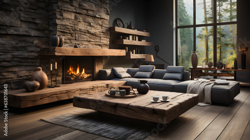  Minimalist interior design of modern living room with rustic accent pieces