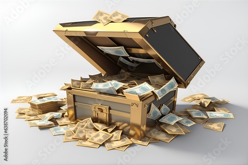 Photo of a chest full of money sitting on top of a pile of cash
