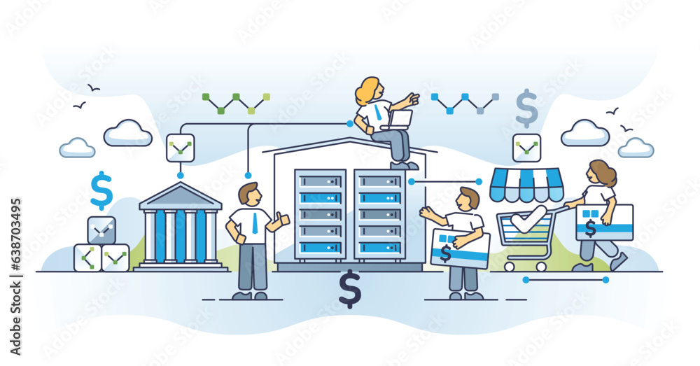 Data driven economy with digital financial system for money outline concept. Economic ecosystem or platform for information gathering, organization and exchange by company network vector illustration