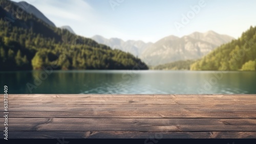 Empty wooden table with blurred nature background © Imam Lutfi