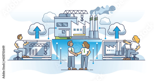 Future of work with merged business companies for development outline concept. Factory growth with effective improvement strategy vector illustration. Successful group partnership for better results.