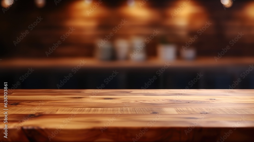 Empty wooden table with cafe kitchen background - obrazy, fototapety, plakaty 