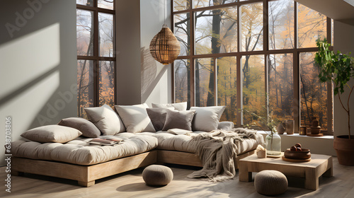  Beige corner daybed sofa against windows in room with high ceiling. Minimalist home interior design of modern living room