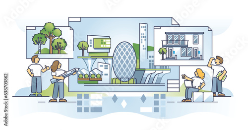 Urban planning and sustainable downtown architecture project outline concept. Modern housing design with green and environmental residential area vector illustration. Developer plan representation.