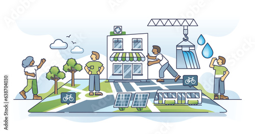 City planning and sustainable new housing district plan outline concept. Modern urban neighborhood model with green infrastructure for transportation and sustainable power usage vector illustration.