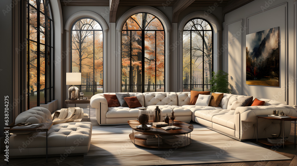 Beige tufted chesterfield sofa and brown wing chairs. Art deco interior design of modern living room