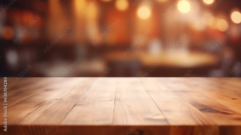 Empty wooden table with cafe kitchen background