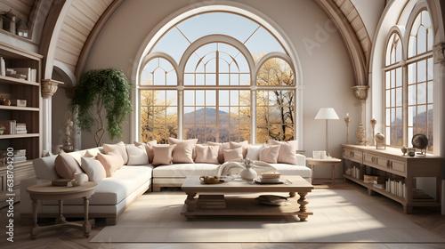 Beige sofa and armchair in room with arched windows. Luxury mid-century style home interior design of modern living room