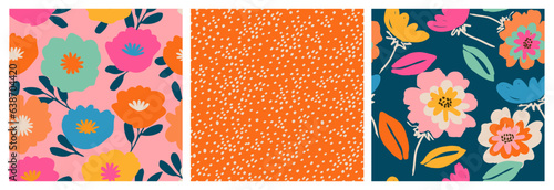 Set of hand drawn tropical flowers, seamless patterns with floral for fabric, textiles, clothing, wrapping paper, cover, banner, interior decor, abstract backgrounds.