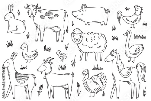 Set with farm animals in doodle style. Vector illustration for your design