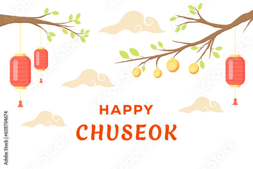 happy chuseok background illustration vector design with trees and lanterns photo