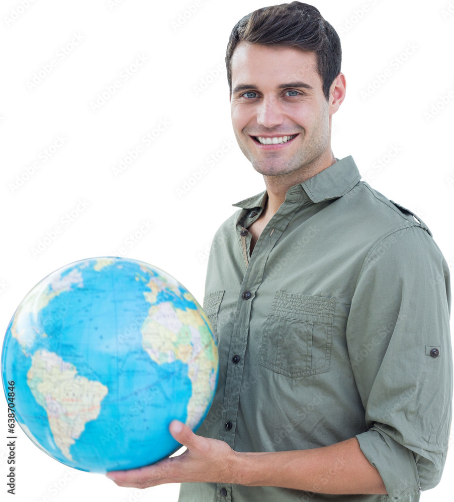 Digital png photo of caucasian man holding globe on transparent background Digital png photo of caucasian man holding globe on transparent background