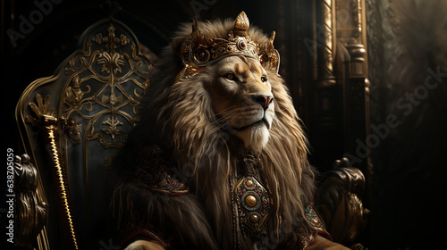 Generative AI Image of a Lion King Sitting on a Throne Wearing Royal Attributes