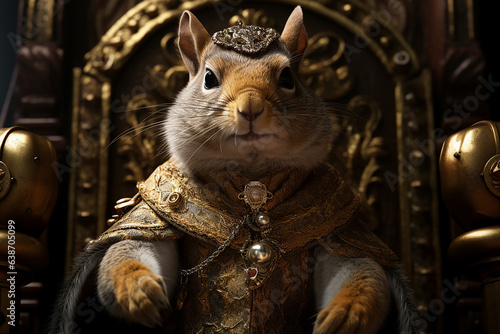 Generative AI Image of a Squirrel King Sitting on a Throne Wearing Royal Clothing