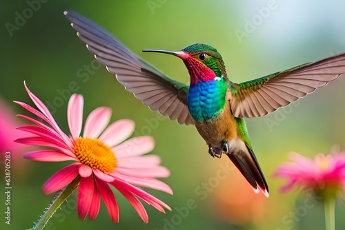  Beautiful scene flying next to a pink flower. Fiery-throated Hummingbirds are known for their vibrant with two Fiery-throated Hummingbirds 