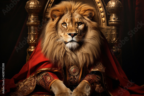 Generative AI Image of a Brown Lion Sitting on a Throne Wearing Red Cloak