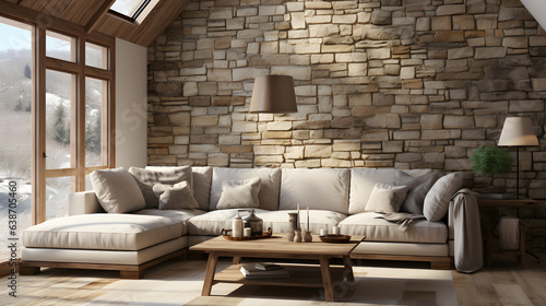 Corner sofa against window in room with stone cladding walls. Farmhouse style interior design of modern living room